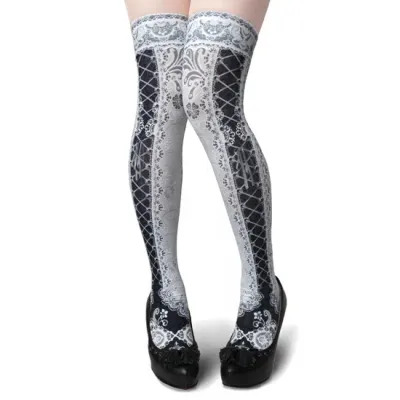 Corset over knee socks SIDE LACE-UP -WHITE&amp;BLACK-
