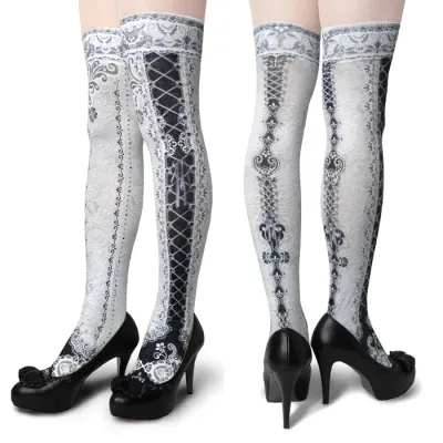 Corset over knee socks SIDE LACE-UP -WHITE&amp;BLACK-