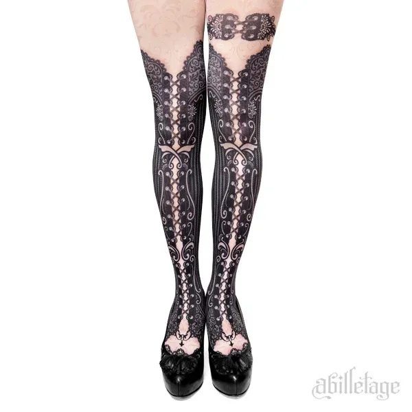Corset tights STRIPE LACE -Black-