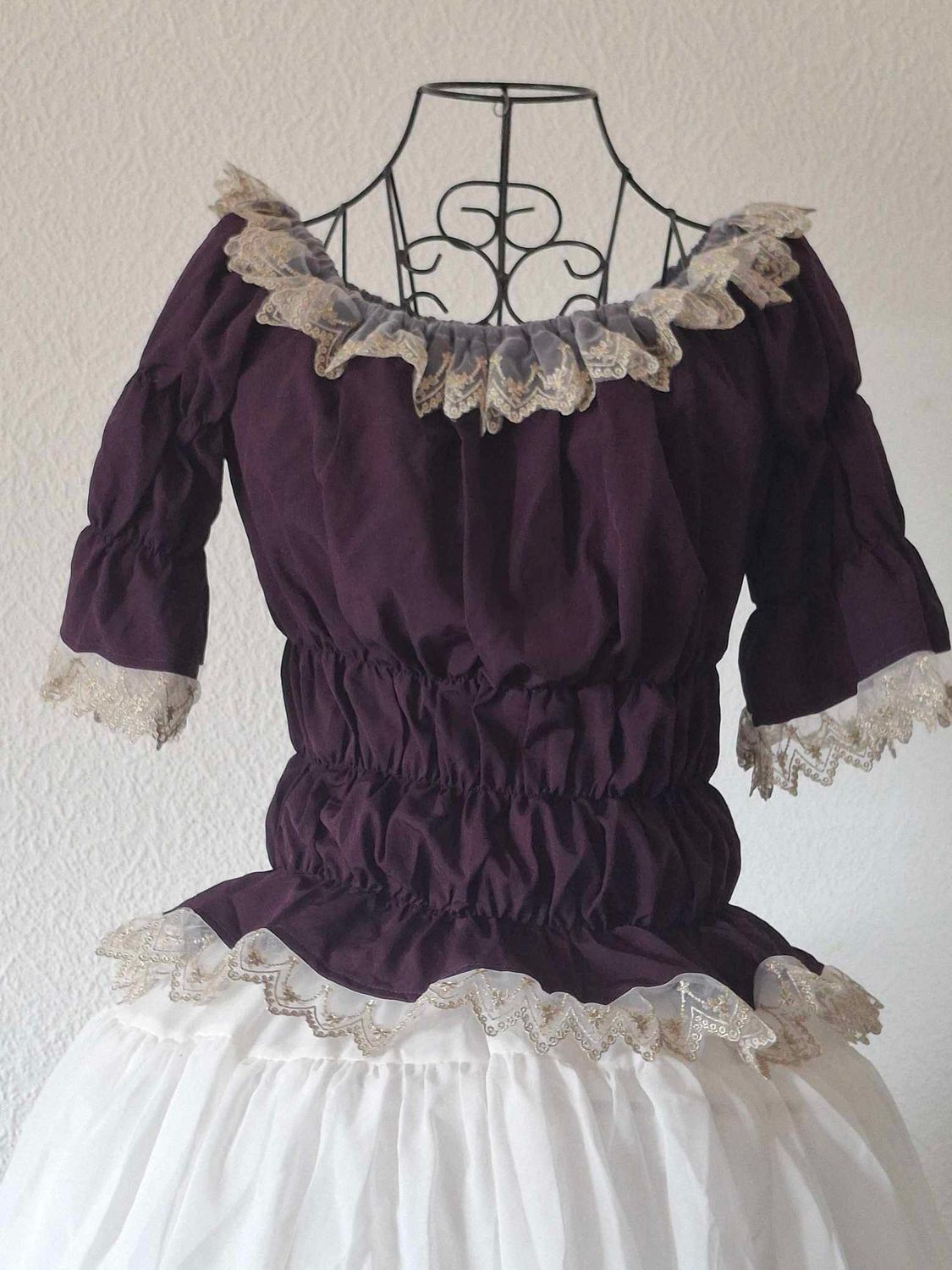 Purple Full Shirring embroidery lace blouse