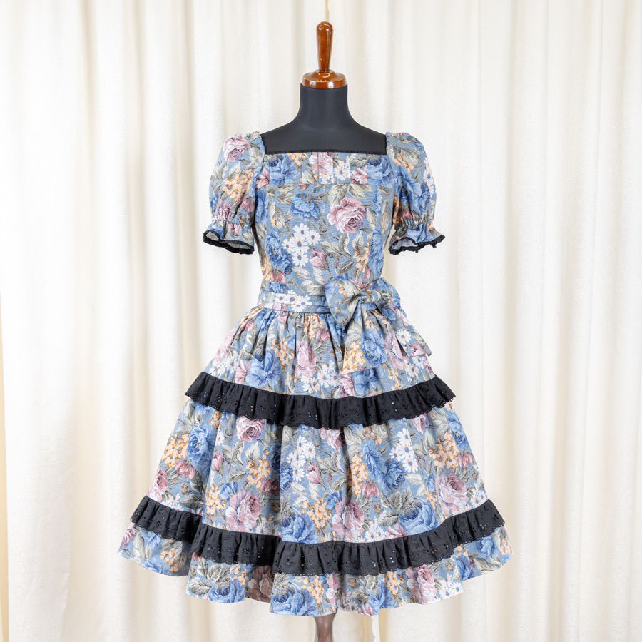 Antique Bloom Dress onepiece Blue rose x Black lace