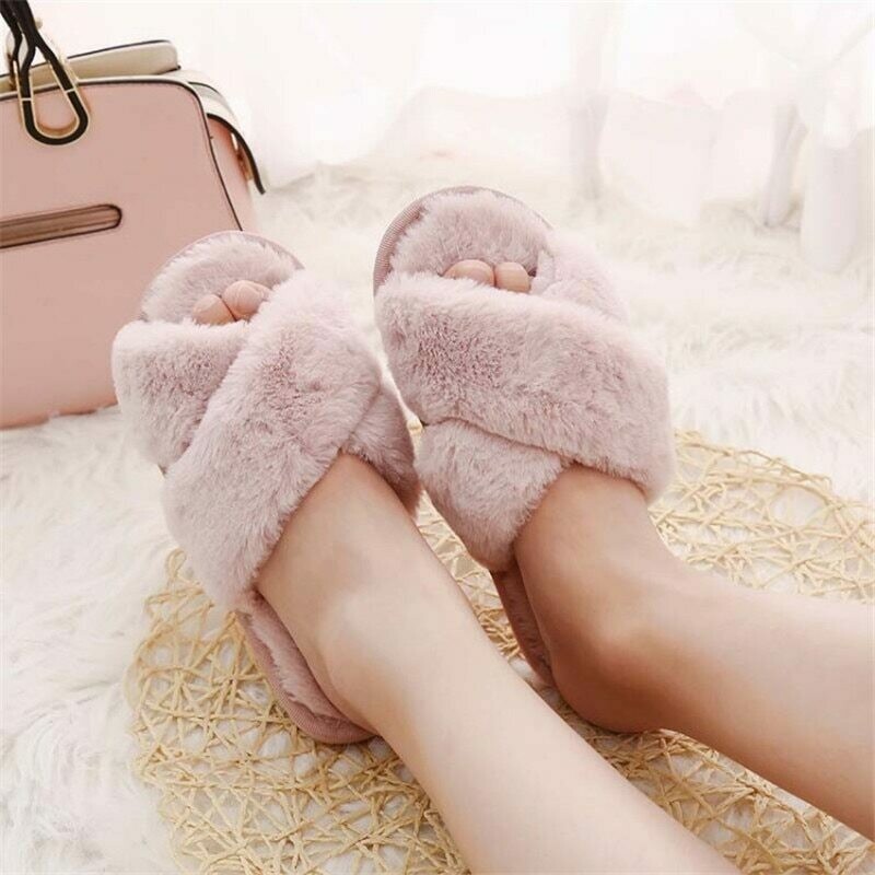 Women  Slippers with Faux Fur Fashion Warm Flats Female Slides
