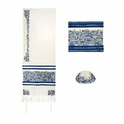 Emanuel Embroidered Jerusalem Tallit Set - Blue