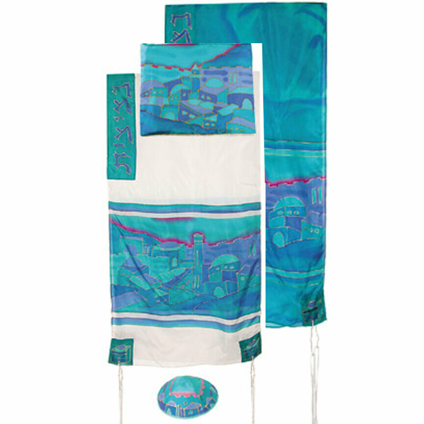 Emanuel Hand Painted Silk Tallit Set - Vista + Stars - Turquoise