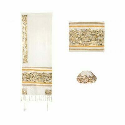 Emanuel Embroidered Jerusalem Tallit Set - Silver/Gold