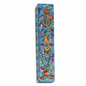 Emanuel Wood Mezuzah - Large Flowers - Blue