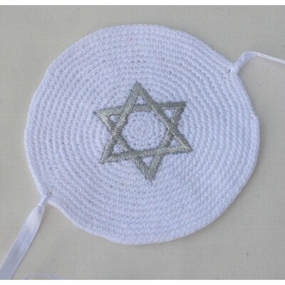 White Knit Star of David Baby Kippah - Silver