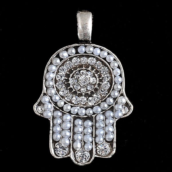 Small Silver Hamsah Necklace in White Gems