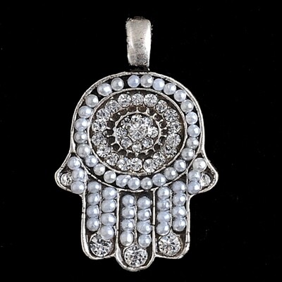 Small Silver Hamsah Necklace in White Gems