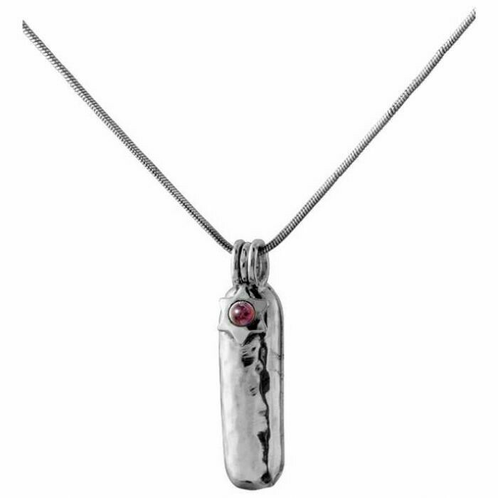 Sterling Silver Hammered Mezuzah Necklace with Garnet
