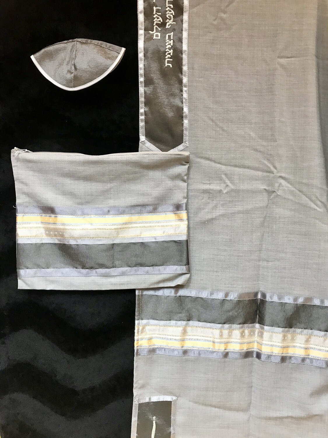 Grey Tallit Set with Dk Grey &amp; Yellow Trim