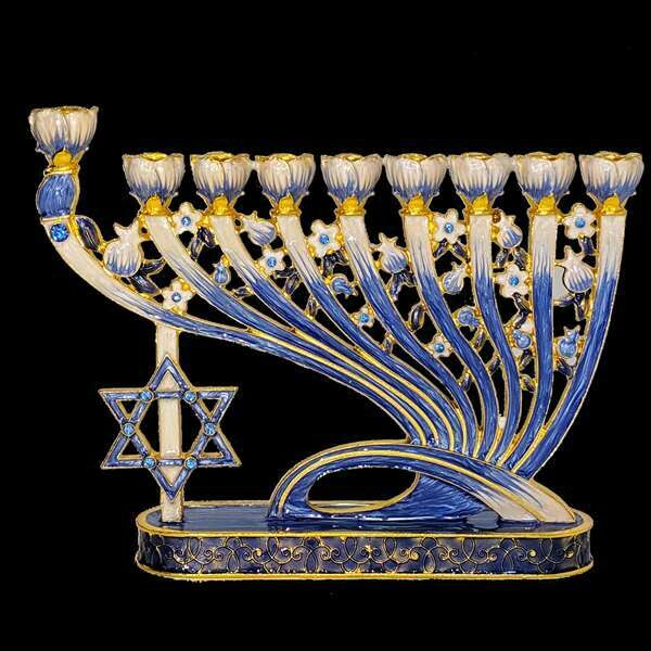 Gold Flowering Menorah with Star and Blue Enamel/Jewels