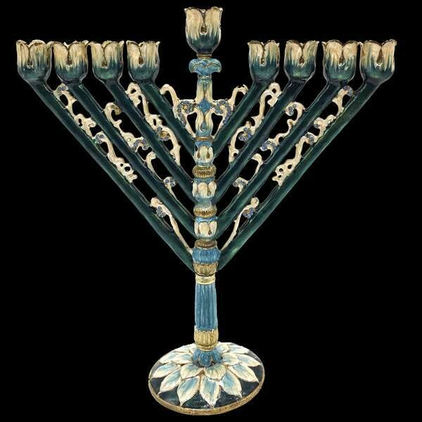 Jeweled Rambam Menorah in Green &amp; Blue