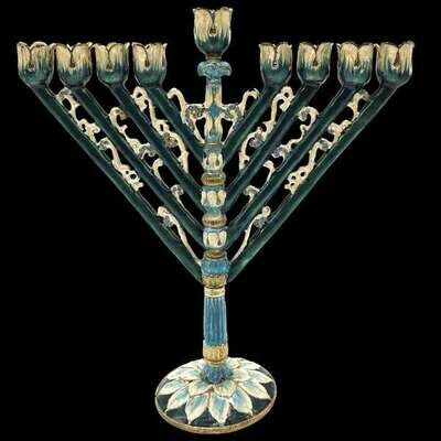 Jeweled Rambam Menorah in Green &amp; Blue