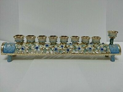 Gold Cylinder Menorah with Blue/Green Accents