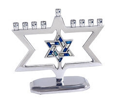 Aluminum Star of David Menorah with Blue &amp; White Inlay