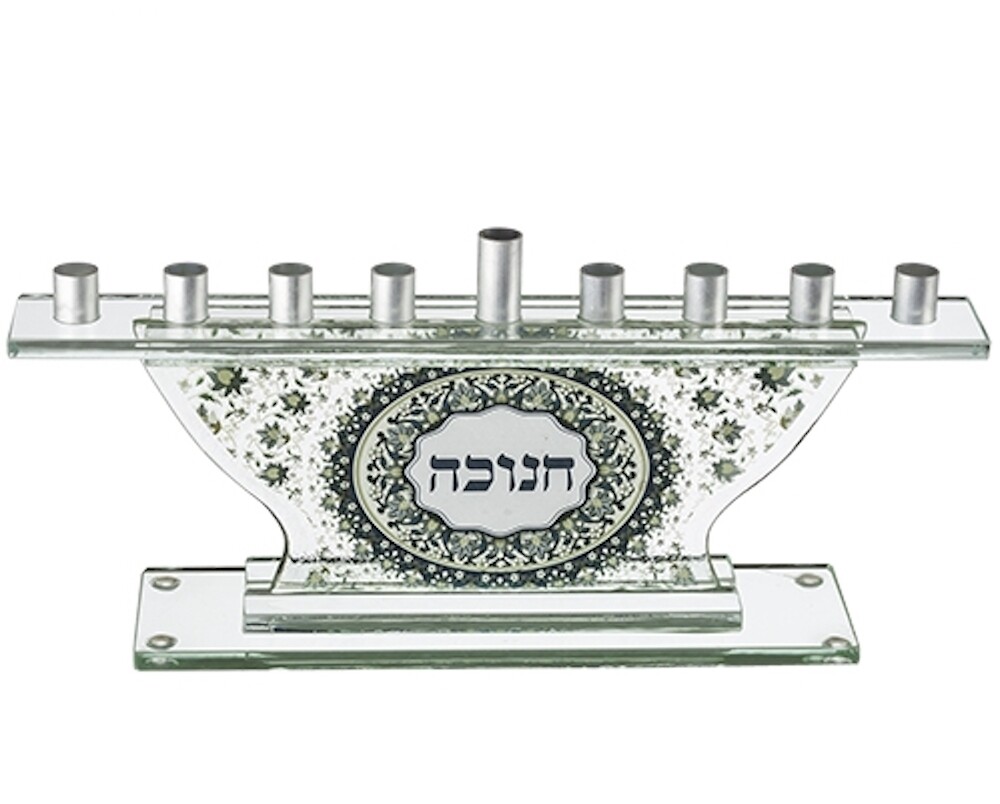 Glass Menorah with Design, Style: Floral