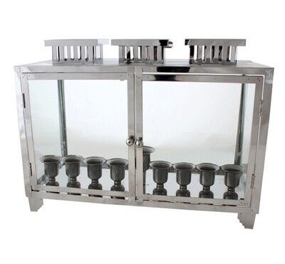 Metal and Glass Menorah Box with Candle Holders - Silver