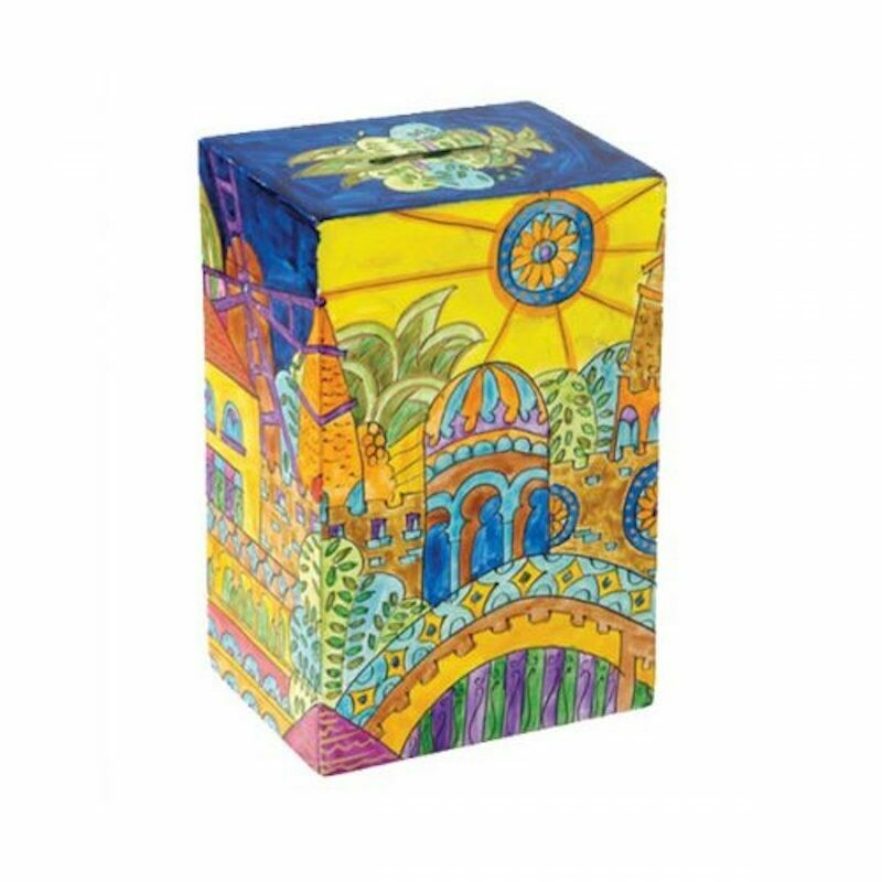 Emanuel Painted Wood Tzedakah Box - Jerusalem Oriental