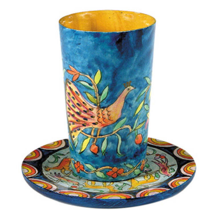 Emanuel Hand Painted Tall Kiddush Cup &amp; Saucer - Peacocks