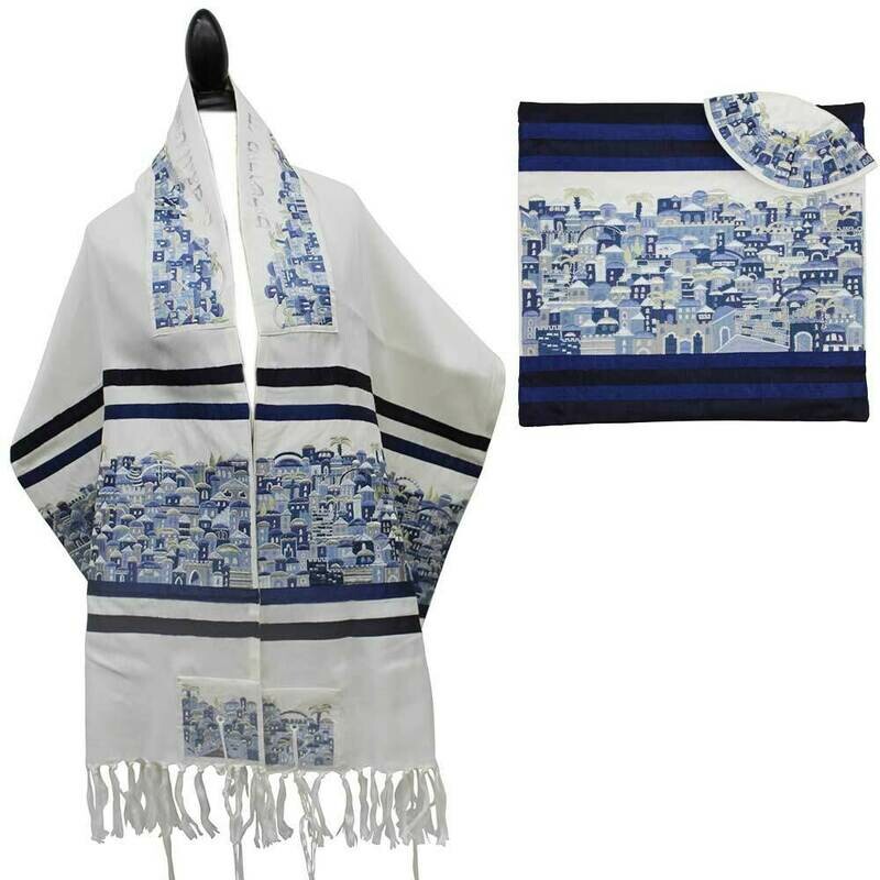 Emanuel Embroidered Jerusalem Tallit Set - Blue