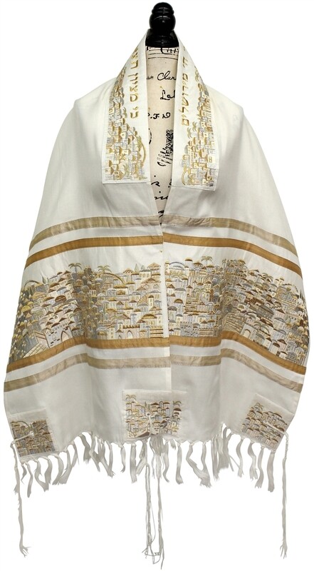 Emanuel Embroidered Jerusalem Tallit Set - Silver/Gold