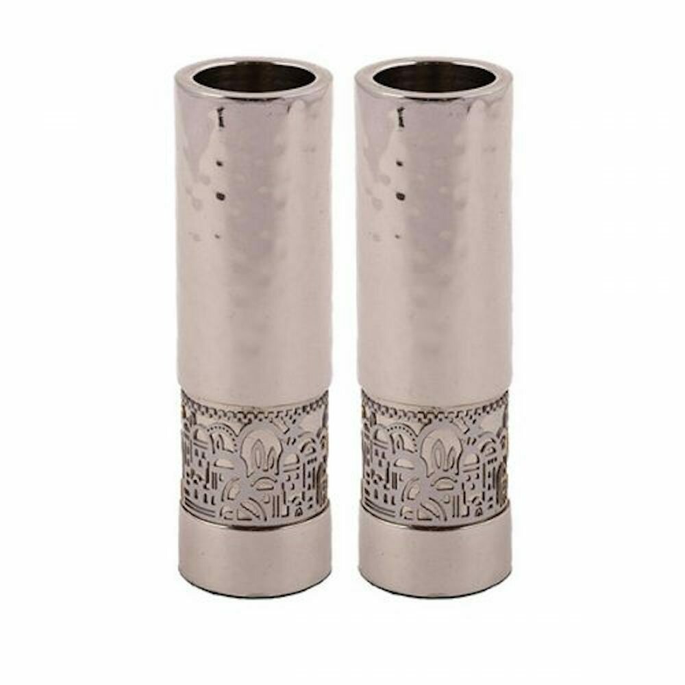 Emanuel Hammmered Round Candlesticks - Silver Jerusalem