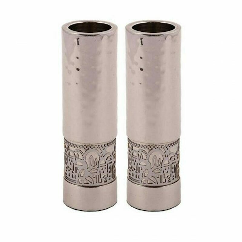 Emanuel Hammmered Round Candlesticks - Silver Jerusalem