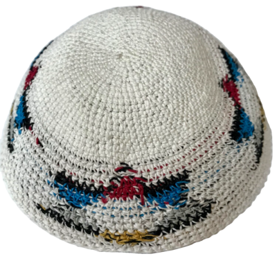 White Knitted Kippah - Multicolor Magen David