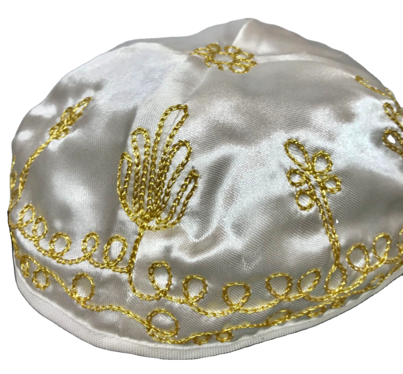White Satin Gold Embroidered Kippah 