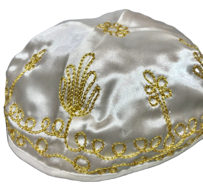 White Satin Gold Embroidered Kippah 