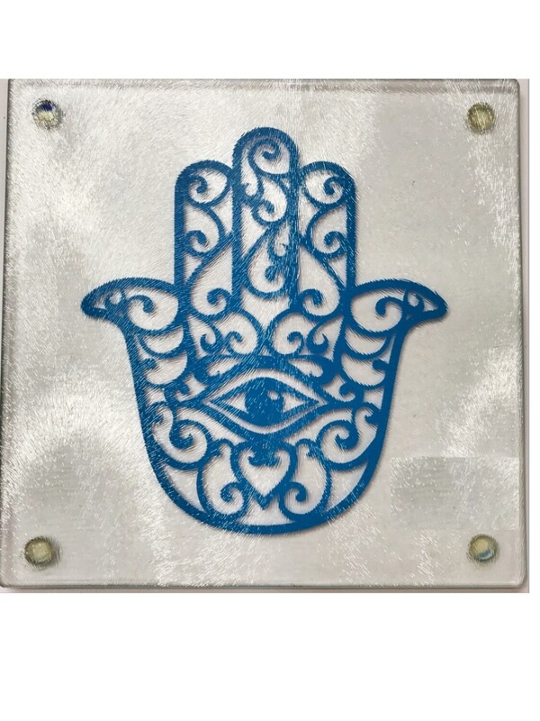 Tempered Glass Hamsa Trivet - Blue