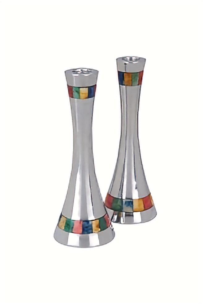 Modern Silver Candlesticks with Multicolor Inlay