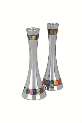 Modern Silver Candlesticks with Multicolor Inlay