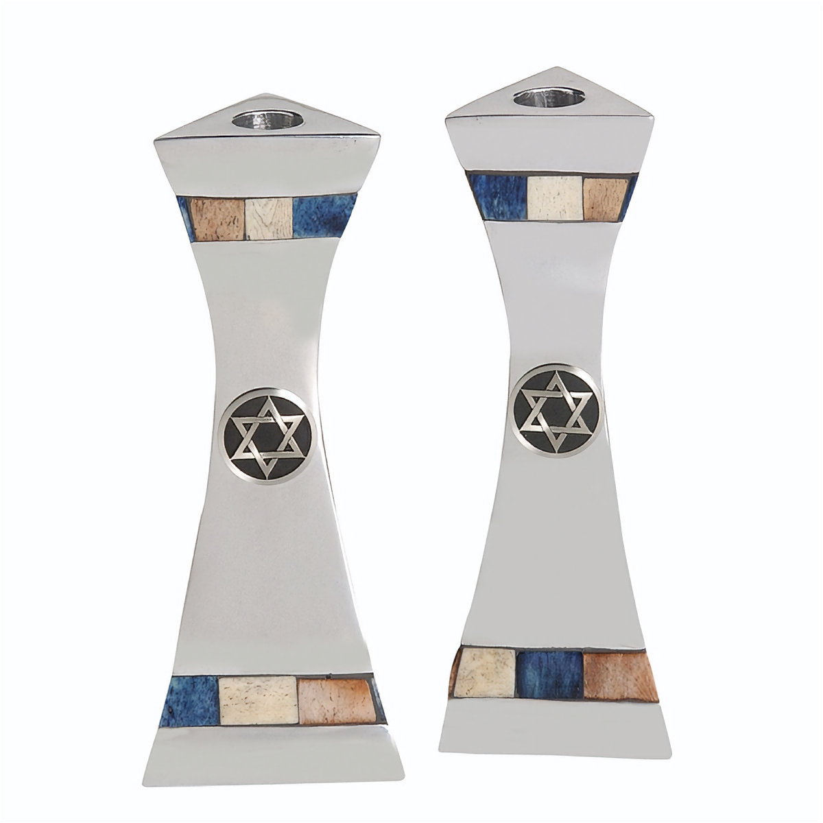 Modern Silver Magen David Candlesticks with Blue/Ivory Inlay