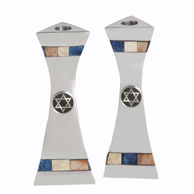 Modern Silver Magen David Candlesticks with Blue/Ivory Inlay