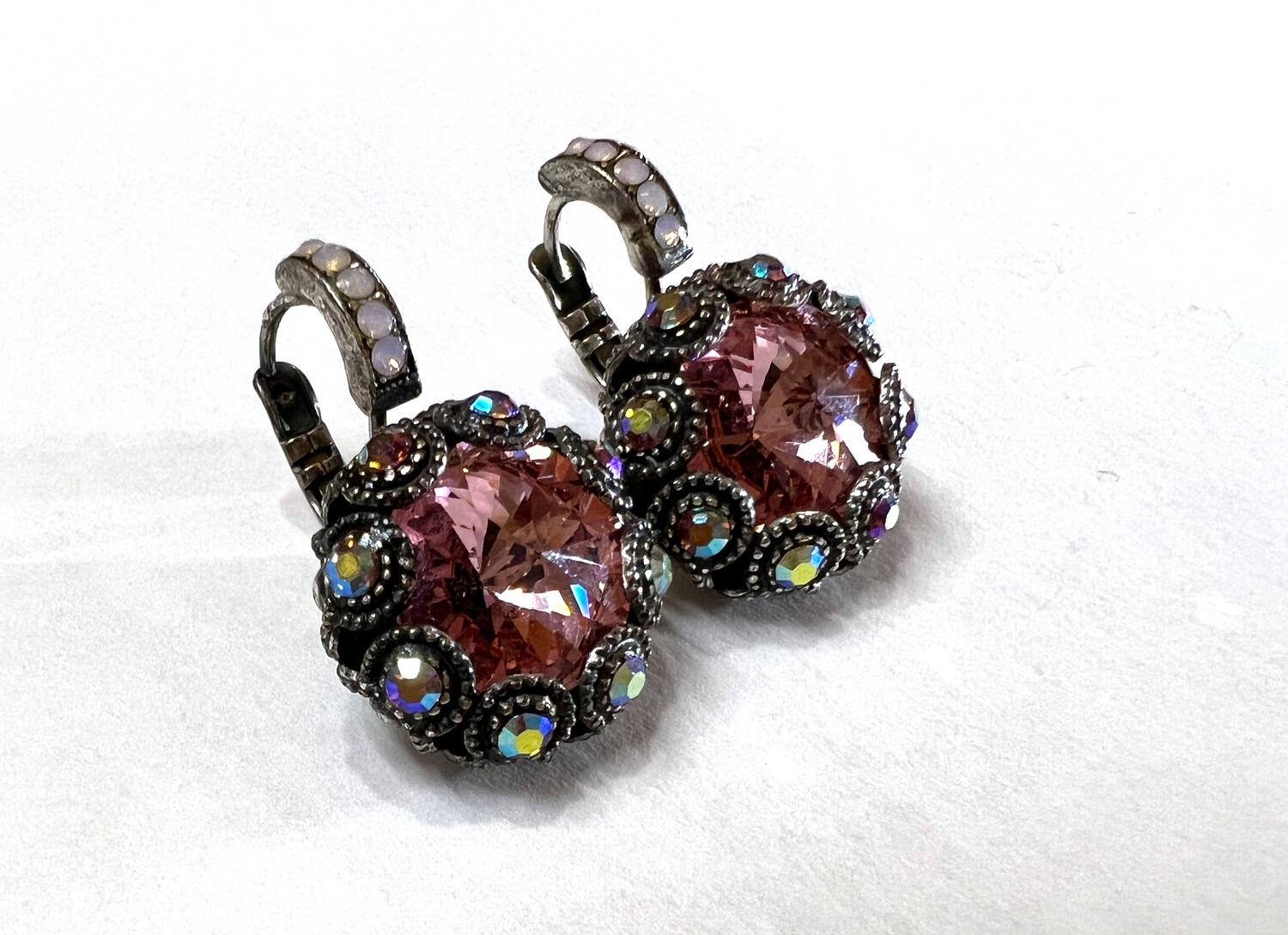 Multicolor Crystal Pewter Leverback Earrings