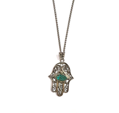 Sterling Silver Hamsa Necklace with  Eilat Stone