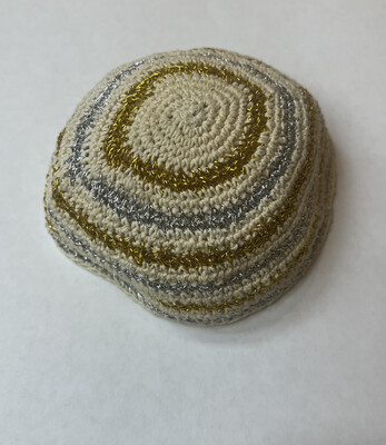 Med Knitted Kippah - Bg/Gl-Sl stripes