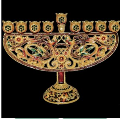 Enameled &amp; Jeweled Menorah - Wh/Gr/Br