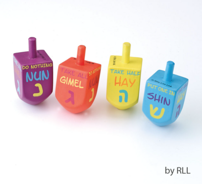 4 Lg Painted Wood Dreidels with Rules of The Game