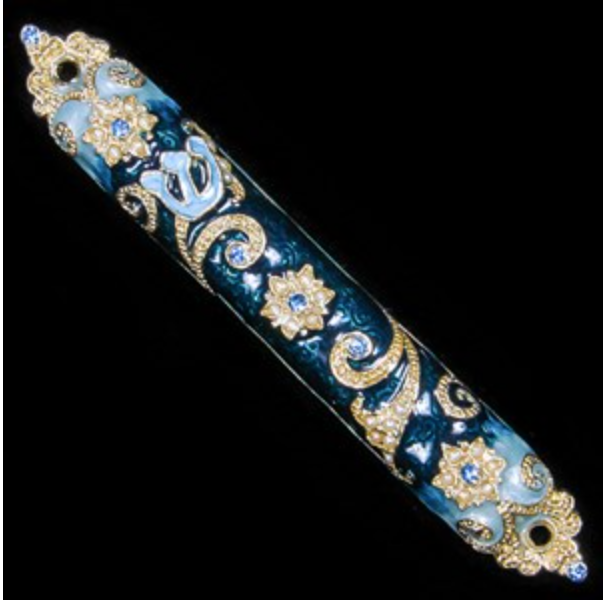 Enamel Jeweled Mezuzah - SM Blue w/Gold accent