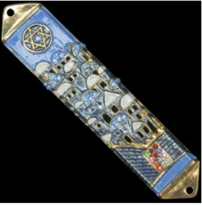 Enamel Jeweled Mezuzah - MED - Blue Jerusalem