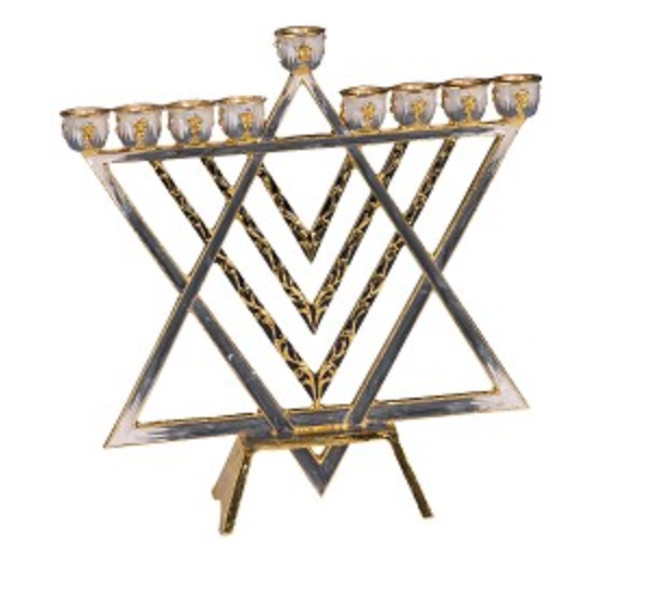 Enameled Jewish Gold/Blue Star Menorah with Jeweled Accents