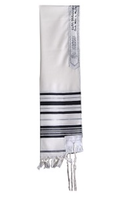 White Wool Tallit with Blue/Silver Stripes