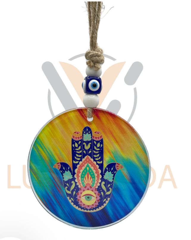 Lucky Vida Glass Hamsa Evil Eye- tyde color 5"
