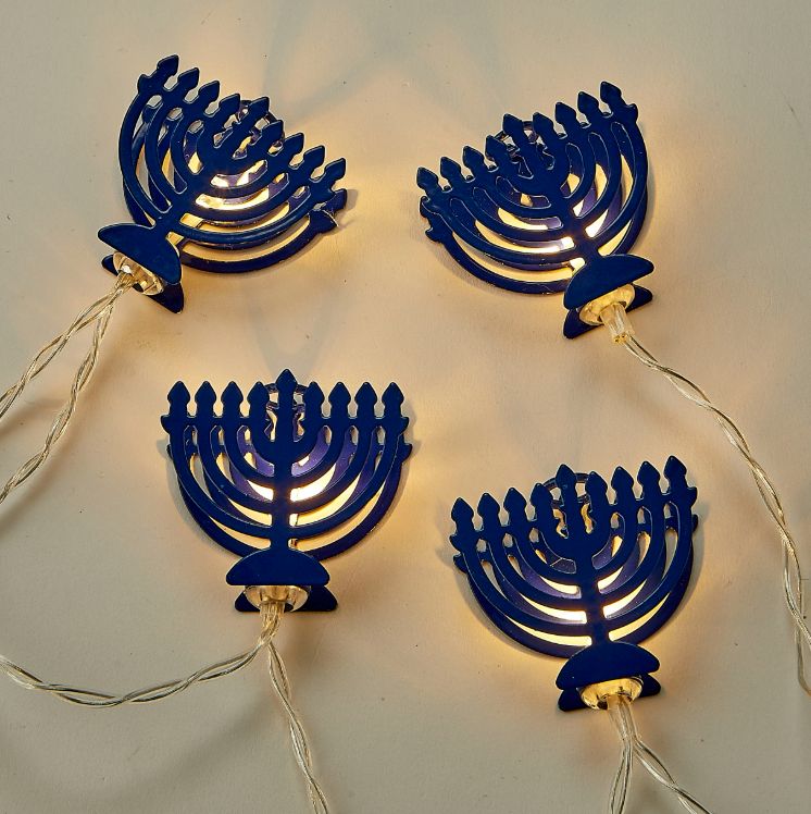 Battery Operated Blue Metal Menorahs Light Set