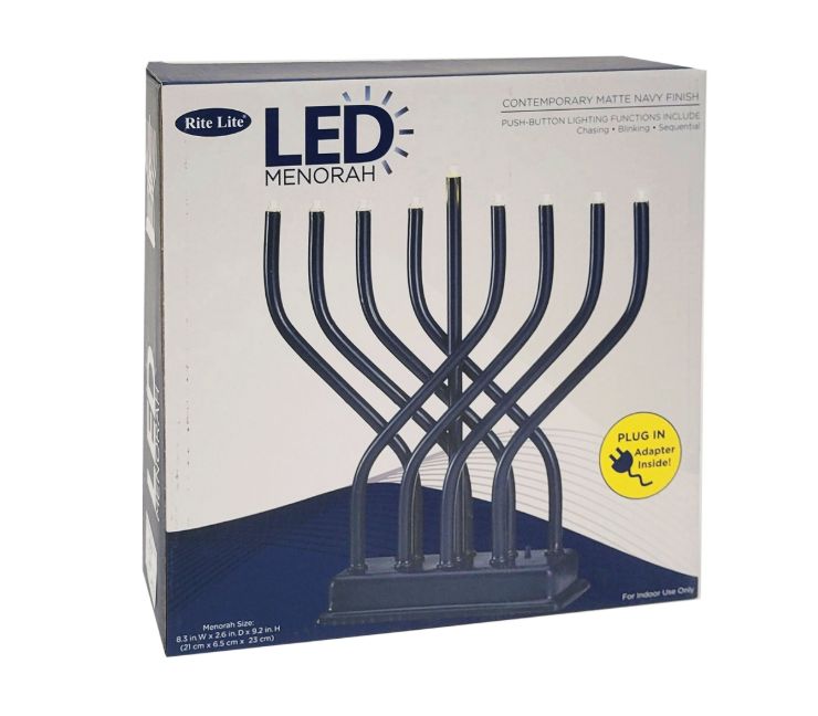 LED Navy Metal Electric Menorah w/ 4 Lighting Options LED Navy Metal Electric Menorah w/ 4 Lighting Options