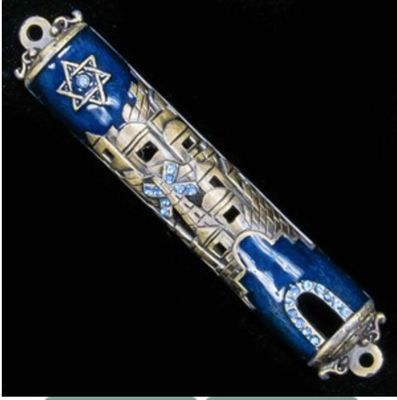Enamel Jeweled Mezuzah - SM Jerusalem Dark Blue