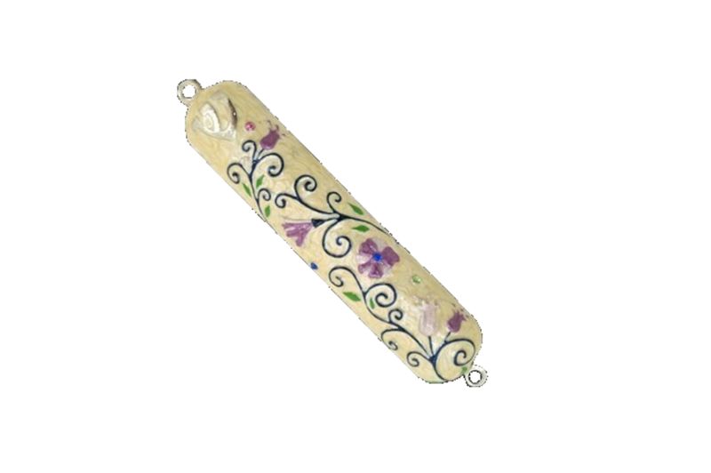 Enamel &amp; Jewel Mezuzah - Medium - Cream Flowers